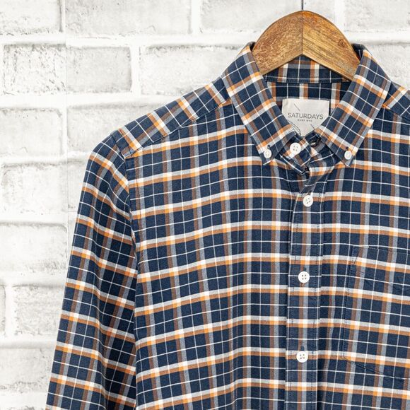 SATURDAYS Surf NYC Button Down Shirt Blue Orange Plaid Cotton Small - Picture 4 of 6